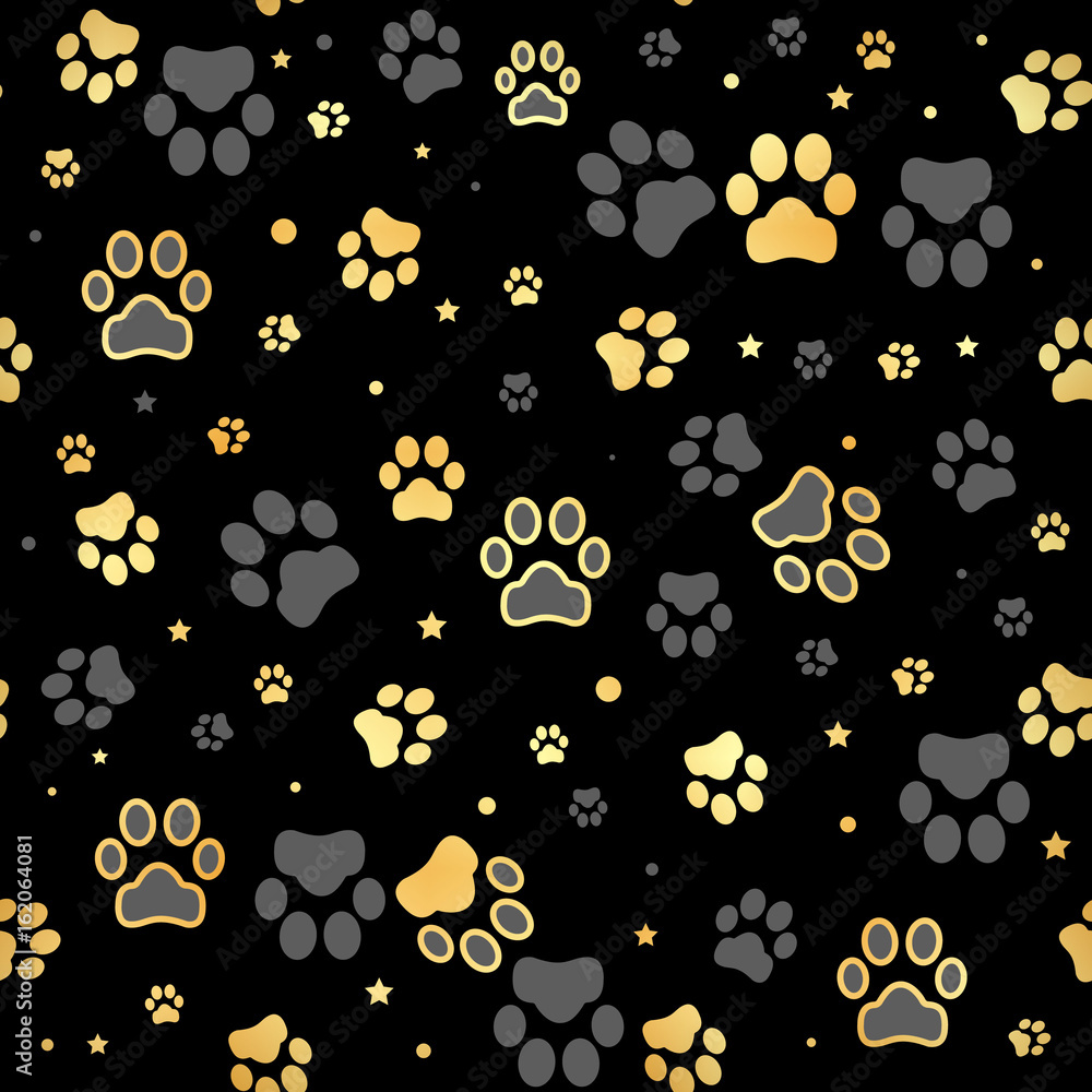 Gold Dog paw print and star seamless pattern on black background Stock