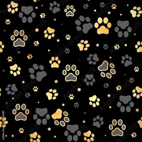Gold Dog paw print and star seamless pattern on black background