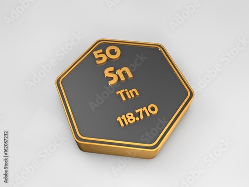 tin - Sn - chemical element periodic table hexagonal shape 3d render