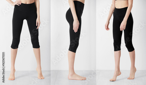 Different views of young woman in sport pants on light wall background