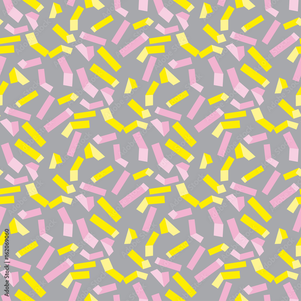 Yellow and rosy rectangle geometry seamless pattern vector illustration surface design for print and web. Memphis post-modernist style motif. Modern tech textile print.