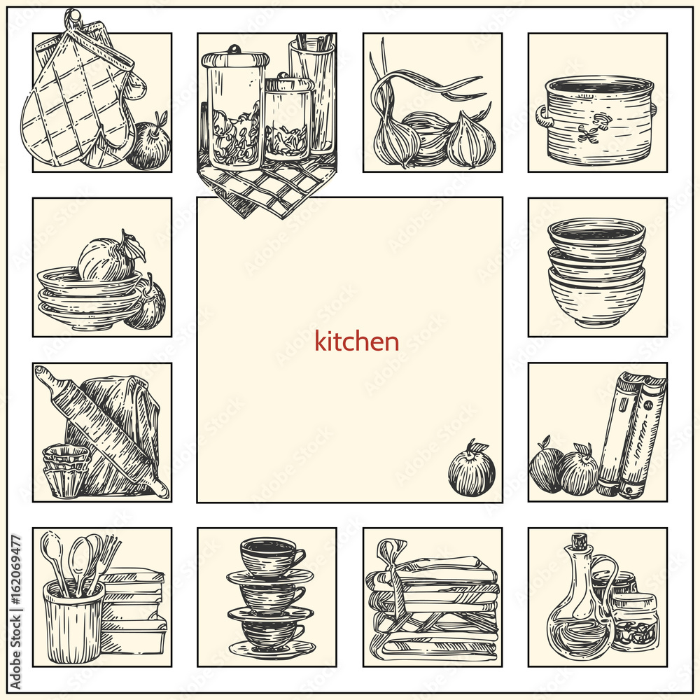 Beautiful background with set of kitchen utensils. Vintage style