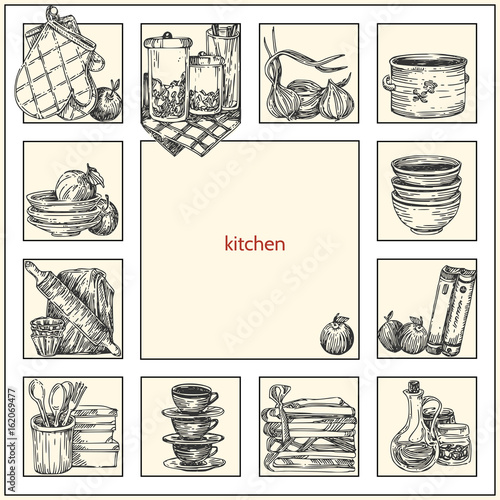 Beautiful background with set of kitchen utensils. Vintage style. Vector illustration.