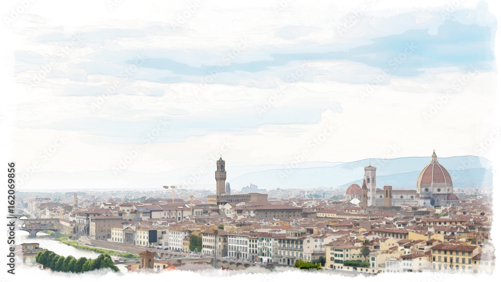 Watercolor painting style of Aerial view of Florence. With Florence Duomo Cathedral. Basilica di Santa Maria del Fiore or Basilica of Saint Mary of the Flower in sunset.