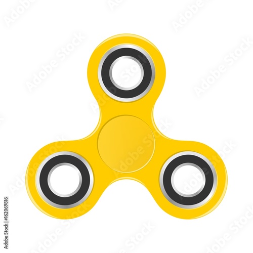 Yellow colorful fidget spinner with silver bearings on a white background. Modern children's hand spinning toy 