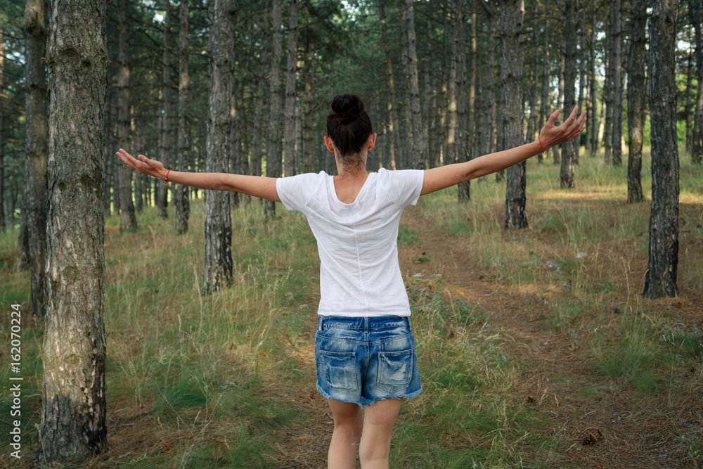 A woman walks through pine forest with open hands. Rear view. A woman walks through pine forest with open hands. Rear view.