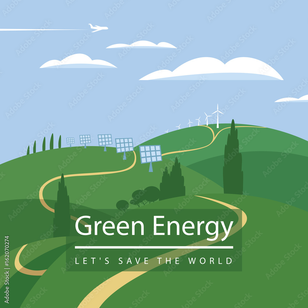 Vector banner green energy. Landscape with wind turbines and solar panels on the green hills, airplane and clouds in the sky