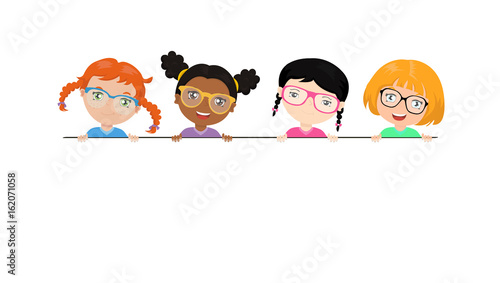 Vector set of multi-ethnic little girls holding a white banner. Funny kids of different races with various hairstyles. Girls in colored glasses