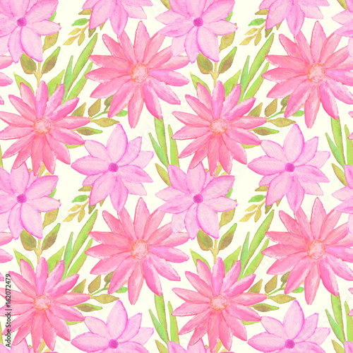 Seamless pattern with watercolor pink flowers and green leaves on white background