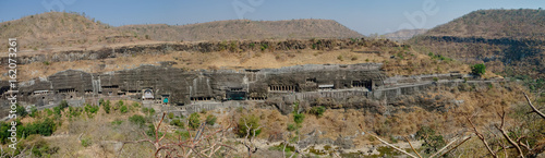 Panorama of Ajanta caves near Aurangabad, Maharashtra state in India. amazing site of ancient buddhist temples, carved in the rock as large caves. Started 2nd century BC. Unesco World Heritage