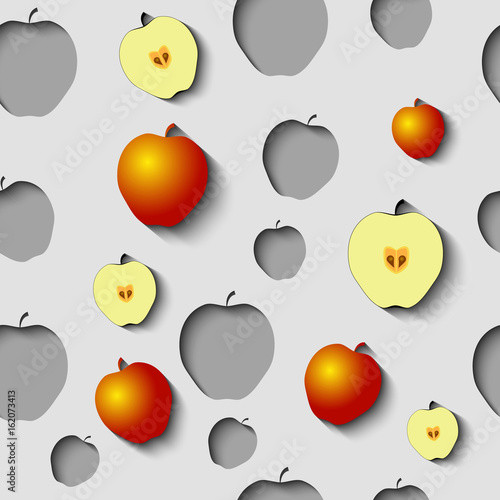 Seamless Pattern with paper cut apples, half of apples and some gold apples on the Grey Background