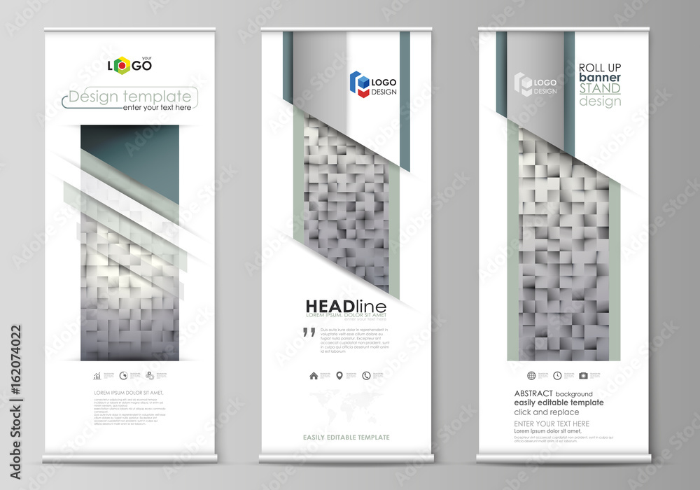 Roll up banner stands, flat design templates, modern business concept, corporate vertical vector flyers, flag layouts. Pattern made from squares, gray background in geometrical style. Simple texture.