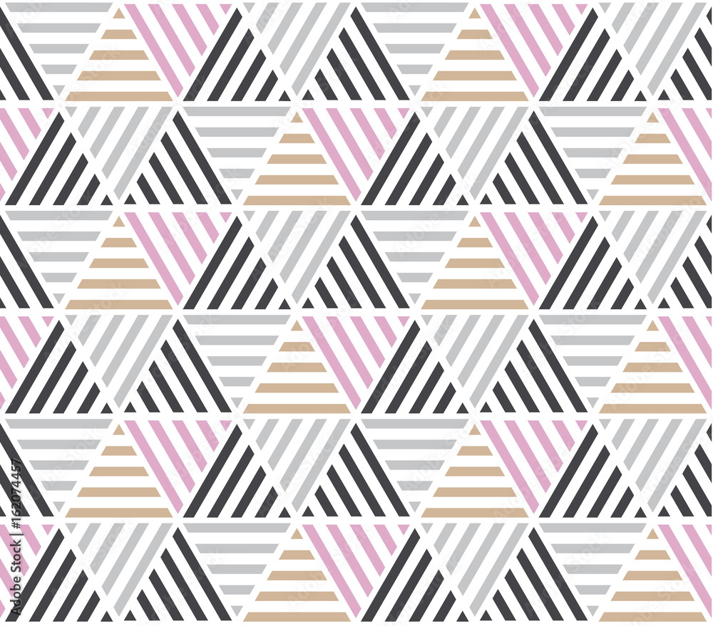 Fototapeta Modern style vector illustration for surface design. Abstract seamless pattern with triangle motif in natural beige and gray colors.