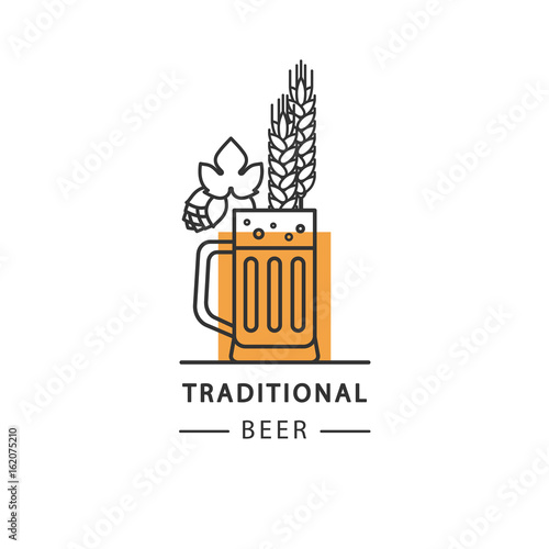  Beer mug, hops and wheat ears. Vector linear icons.