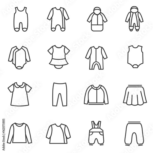 Types of clothes for babies as line icons / There are all season casual clothes for babies
