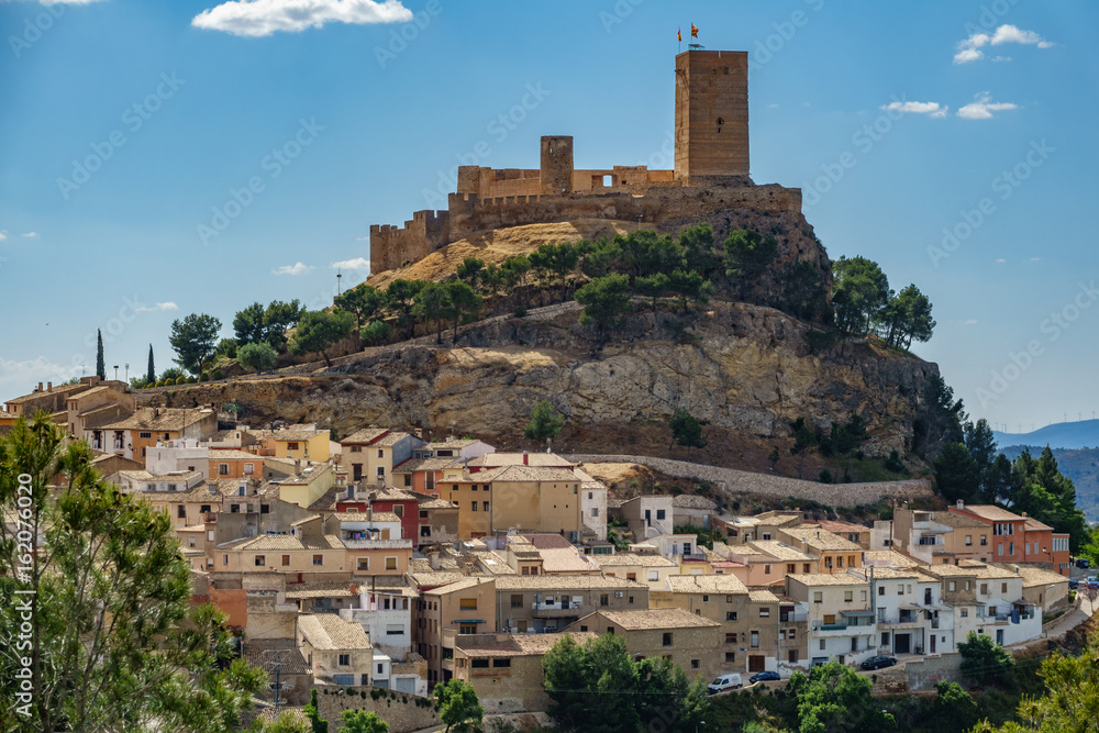 Biar castle at top of hill over town, Alicante, Spain