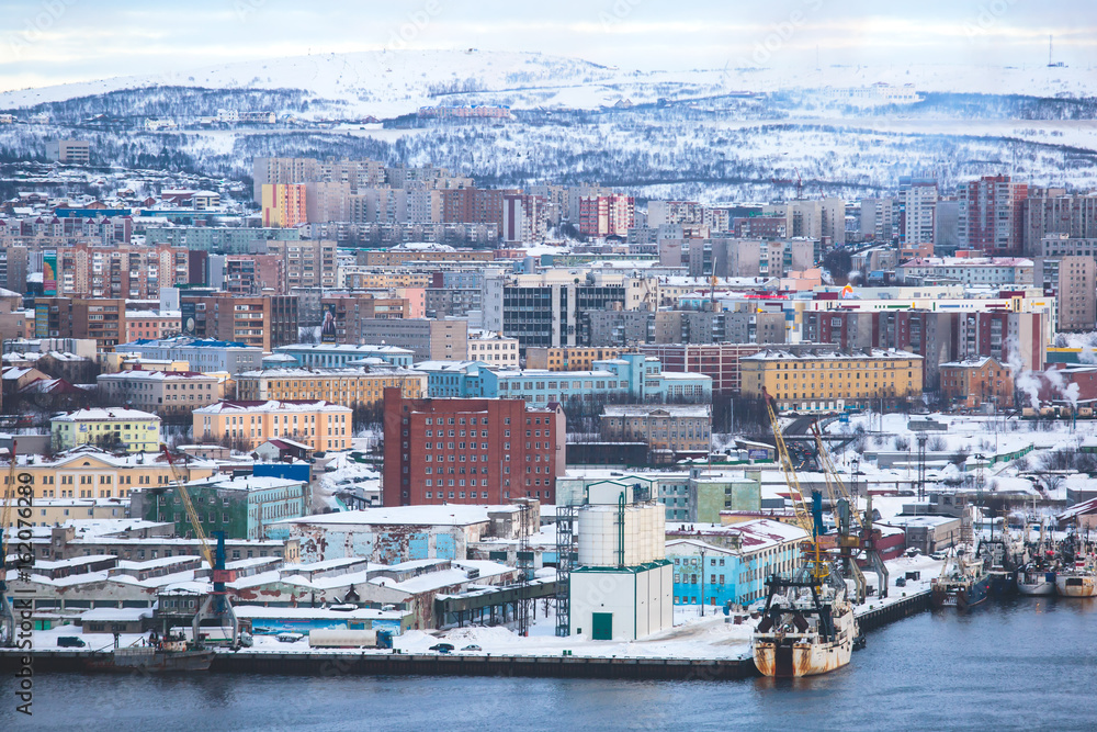 Beautiful aerial air winter vibrant view of Murmansk, Russia, a port city and the administrative center of Murmansk Oblast, Kola peninsula, Kola Bay