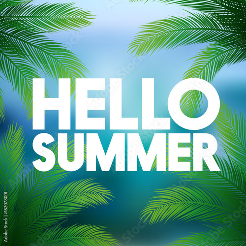 Hello Summer Vector Illustration - Bold Text with Palm Trees on Defocused Ocean Background © hunthomas