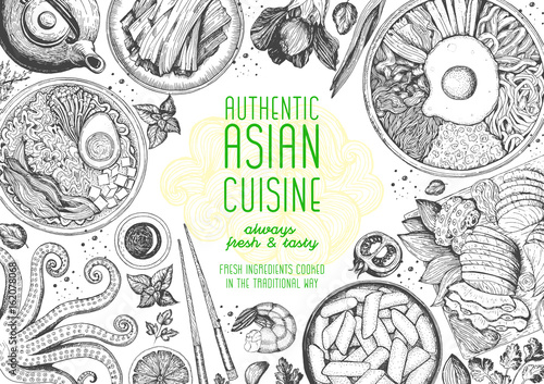 Asian cuisine top view frame. Food menu design with noodles,ramen, shrimps, bibimbap, kimchi and seafood set. Vintage hand drawn sketch vector illustration.