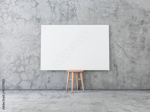 Horizontal Poster Canvas Mockup on wooden Chair in concrete room, 3d rendering