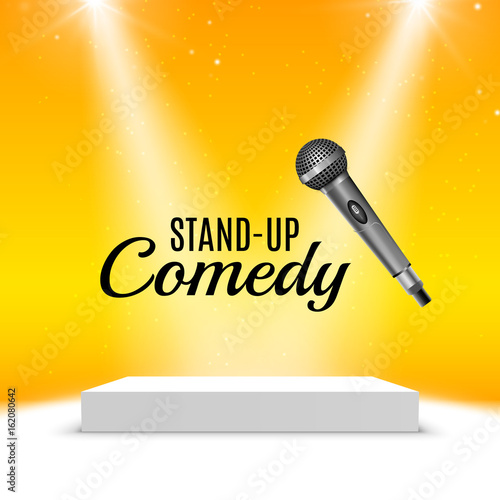 Stand up comedy event poster. Vector microphone illustration. Concert comedy show with stage