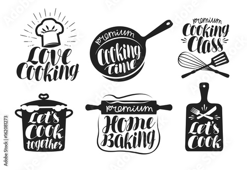 Cooking label set. Cook, food, eat, home baking icon or logo. Lettering, calligraphy vector illustration