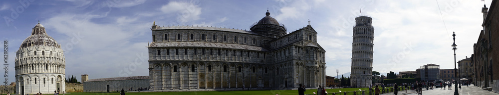 View of the Baptistery of San Giovanni, the Cathedral and the Leaning Tower in Pisa, Italy