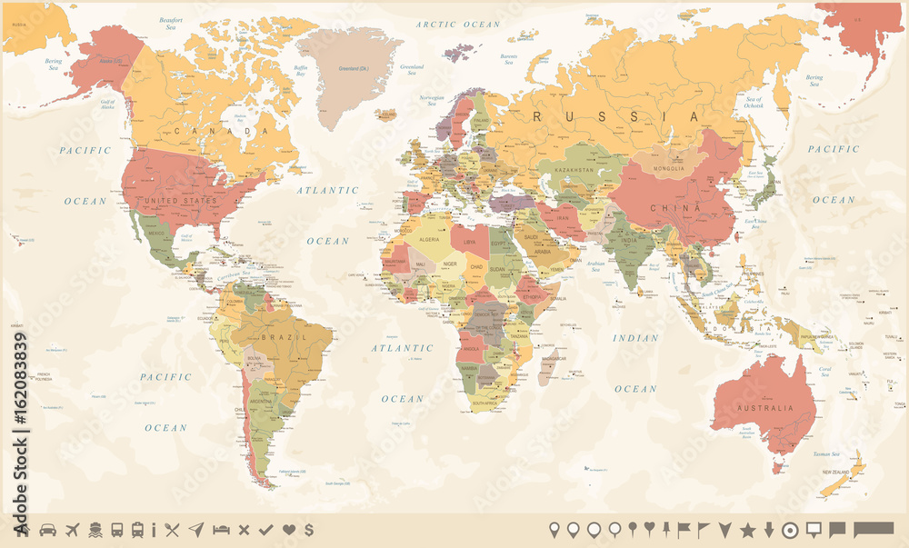 Fototapeta premium Vintage World Map and Markers - Vector Illustration