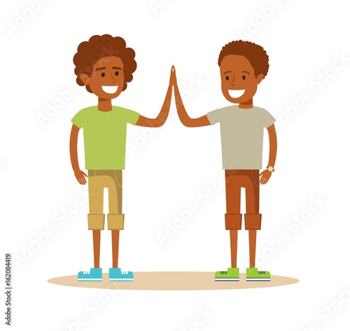 Pupils giving each other a high five. TwoYoung African American boy. Cartoon character illustration Isolated on white background. Stock vector for poster, greeting card, website, ad.