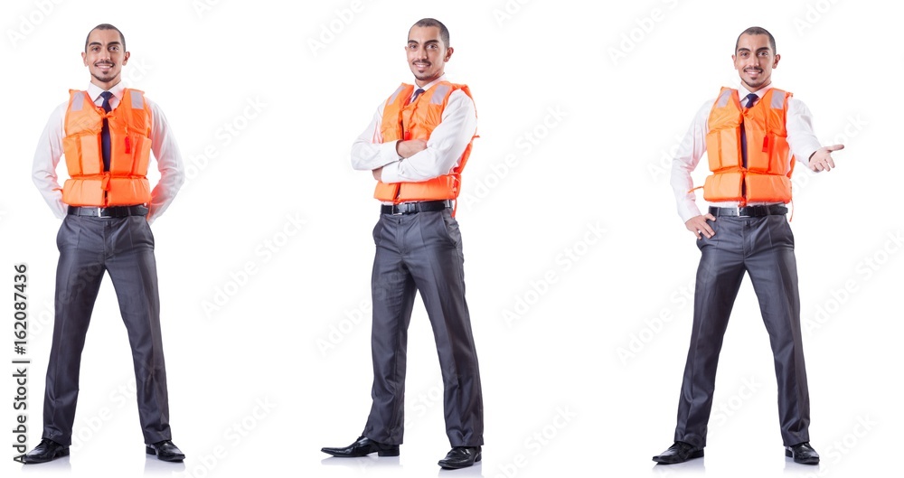 Obraz premium Man in life jacket isolated on white