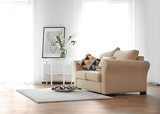 Living room interior with sofa and flowers