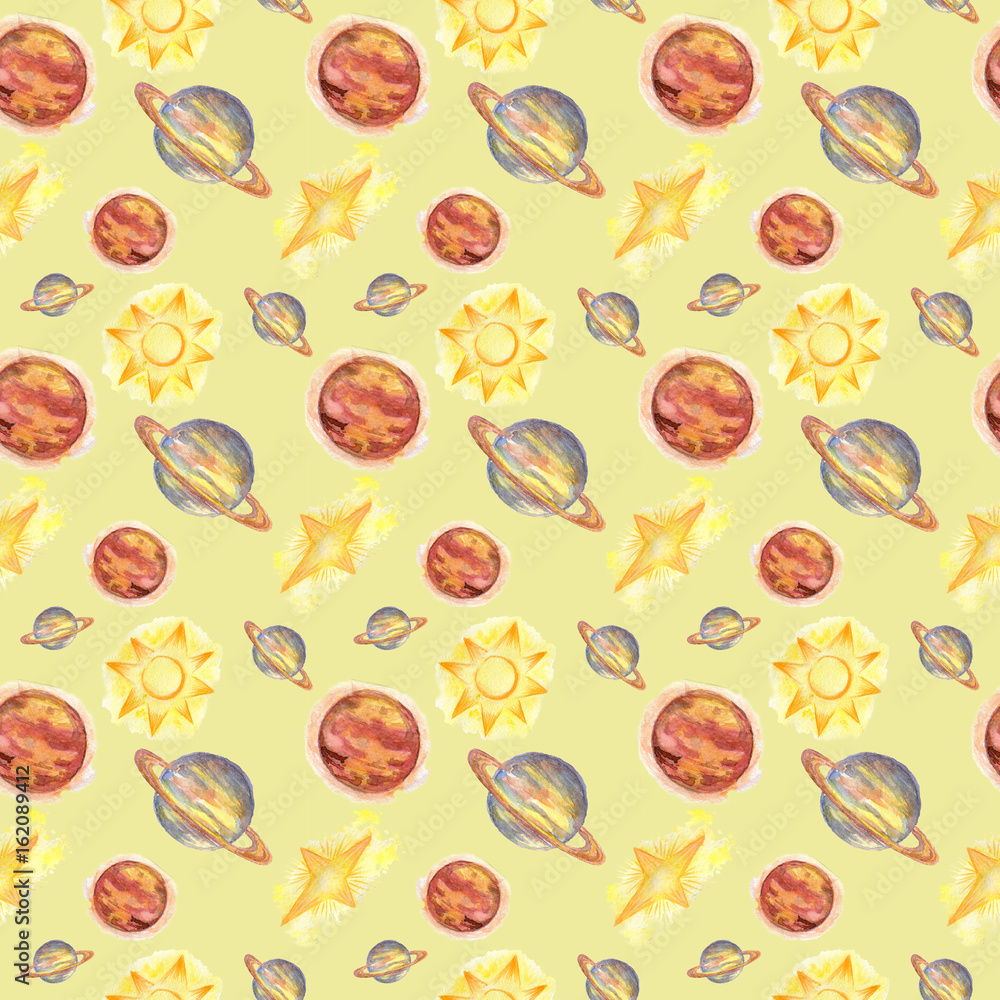 Water color seamless pattern with planets on a yellow background. Water color seamless pattern with planets on a yellow background.