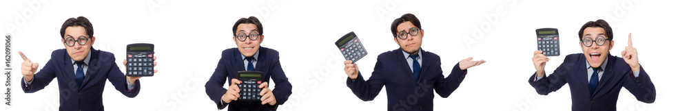 Funny man with calculator isolated on white Funny man with calculator isolated on white