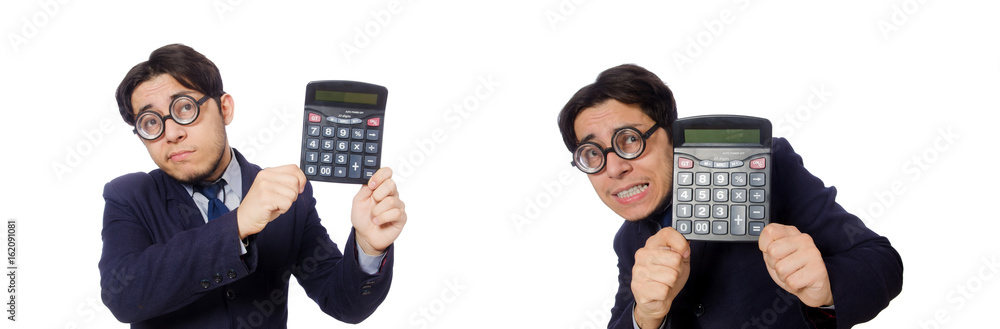 Funny man with calculator isolated on white Funny man with calculator isolated on white