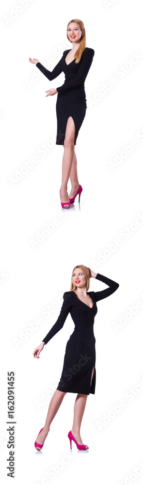 Young blonde girl in black dress showing isolated on white Young blonde girl in black dress showing isolated on white