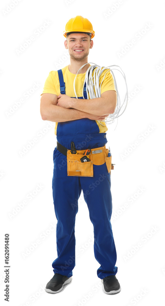 Young smiling electrician with bunch of wires on white background Young smiling electrician with bunch of wires on white background
