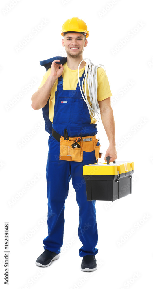 Young smiling electrician with bunch of wires and toolbox on white background Young smiling electrician with bunch of wires and toolbox on white background