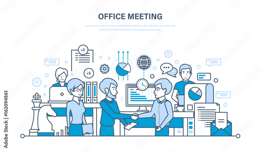 Office meeting, workflow space, teamwork, partnership, exchange of information, communications. Office meeting, workflow space, teamwork, partnership, exchange of information, communications.