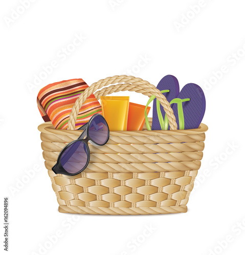 A beach basket with sunglasses, slippers, towel, tubes of cream. Vector illustration