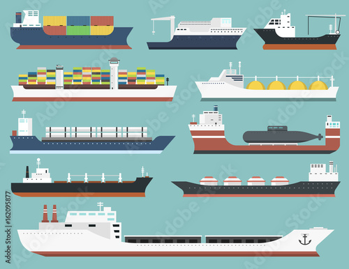 Cargo vessels and tankers shipping delivery bulk carrier train freight boat tankers isolated on background vector illustration