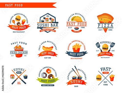 Colorful cartoon fast food label logo isolated restaurant tasty american cheeseburger badge mea meal vector illustration.