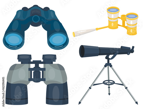 Professional camera lens binoculars glass look-see spyglass optics device camera digital focus optical equipment vector illustration