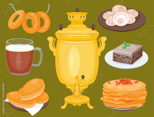 Traditional Russian cuisine culture dish course food welcome to Russia gourmet national meal vector illustration