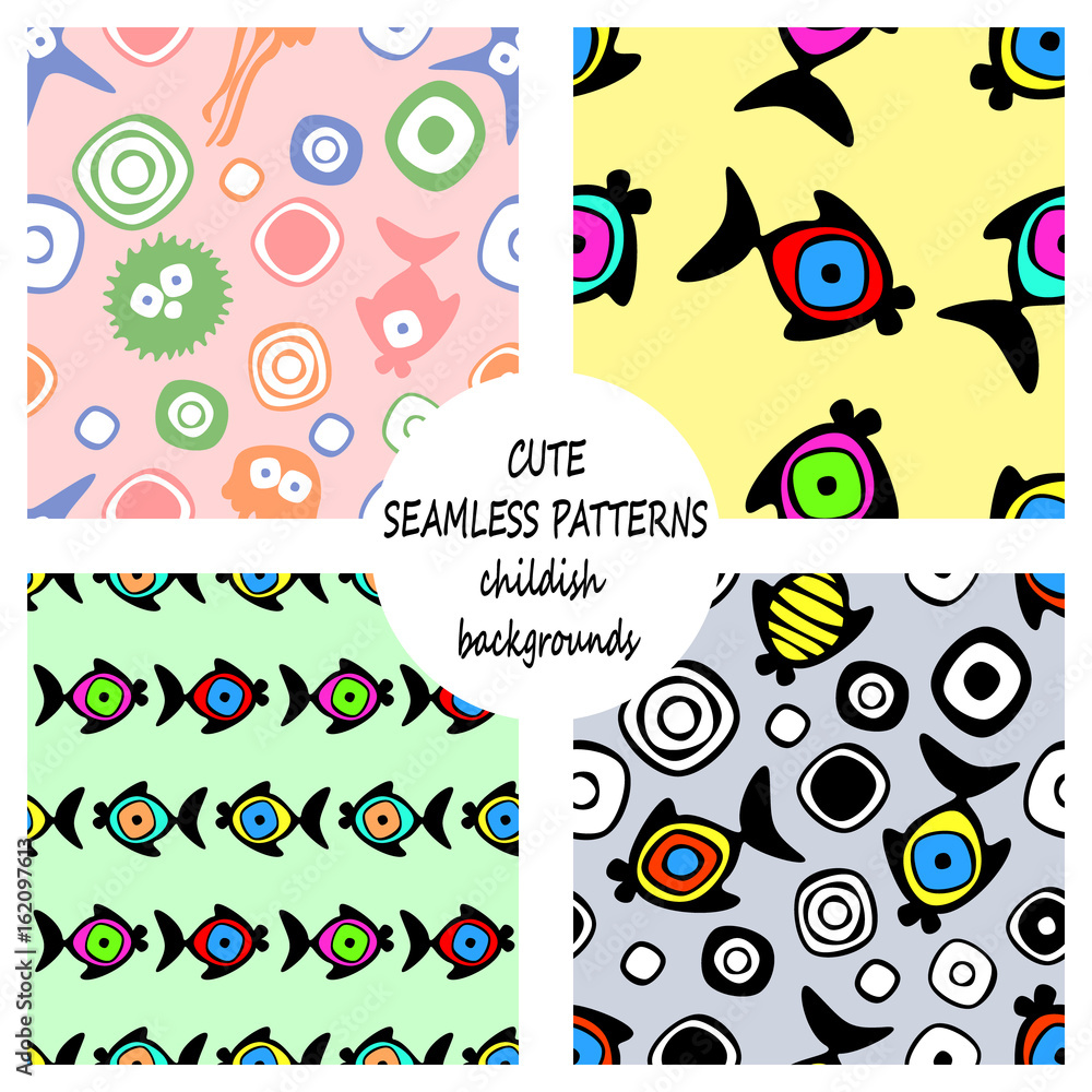 Set of vector seamless decorative pattern with hand drawn fish, starfish, octopus. Cute childlike backgrounds. Template for wrapping, fabric, cover. Series of hand drawn decorative seamless patterns.