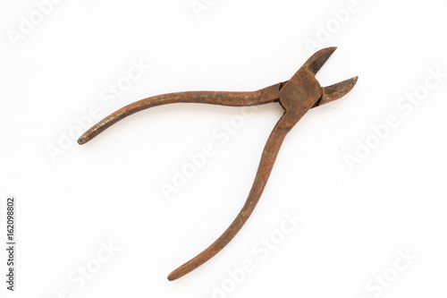 vintage old rusty pliers tool for wood working or industry on the white background, Isolate tool pliers