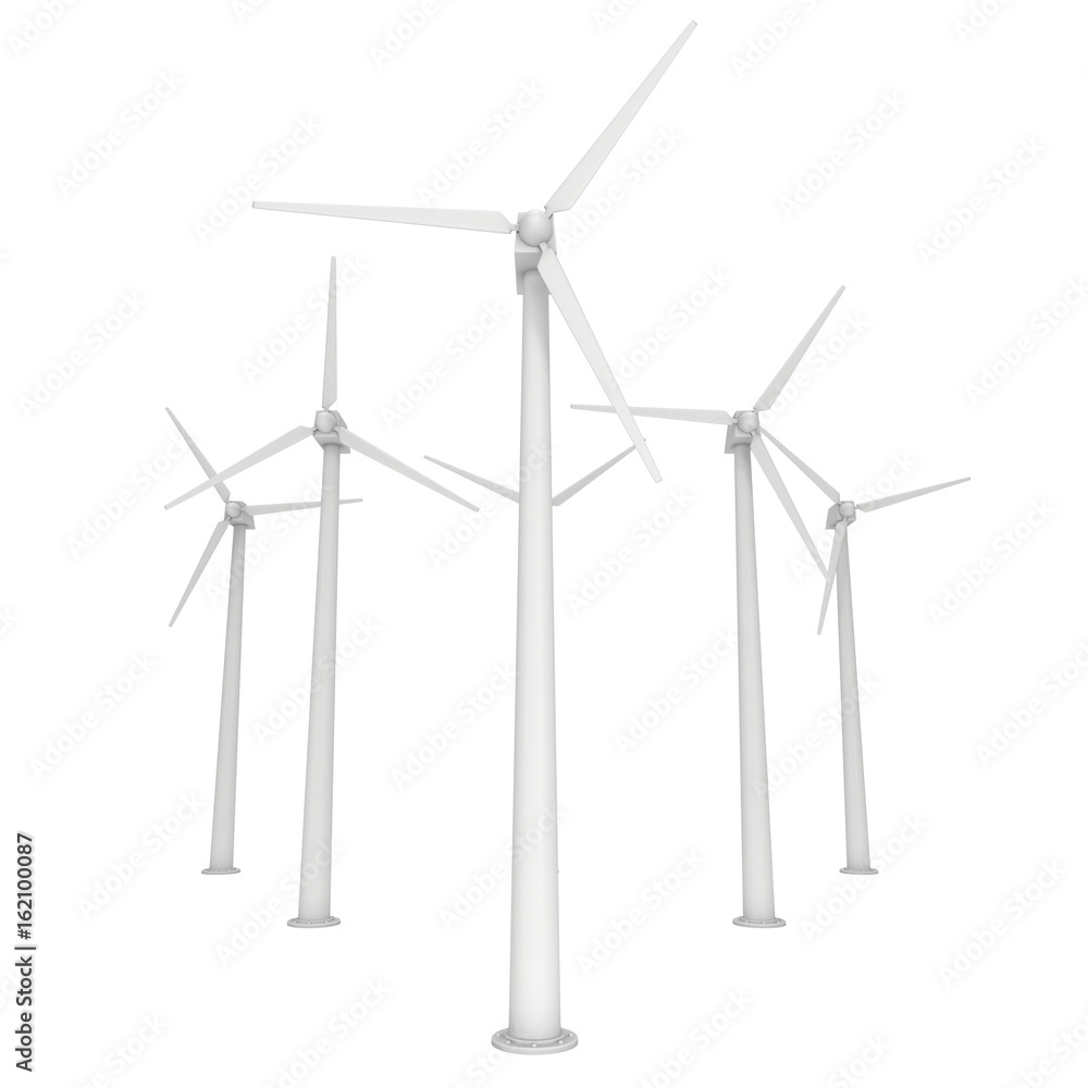Wind turbine farm with propellers. Windmill generators 3D render isolated on white Wind turbine farm with propellers. Windmill generators 3D render isolated on white