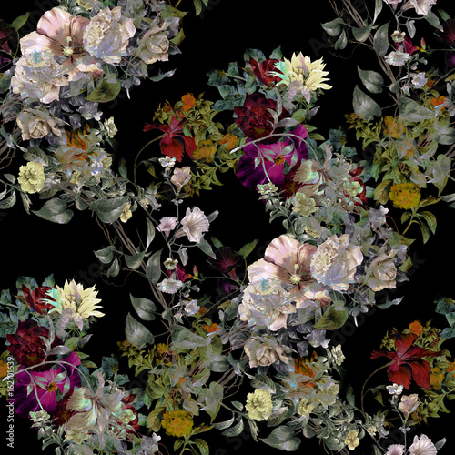 Obraz na płótnie Akwarela obraz liść i kwiaty, bezszwowy wzór na ciemnym tle