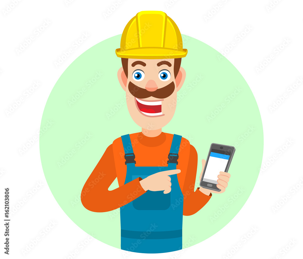 Builder pointing at mobile phone in his hand Builder pointing at mobile phone in his hand