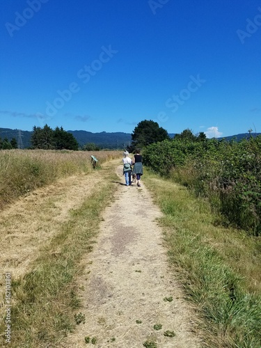 Two women walking on a trail