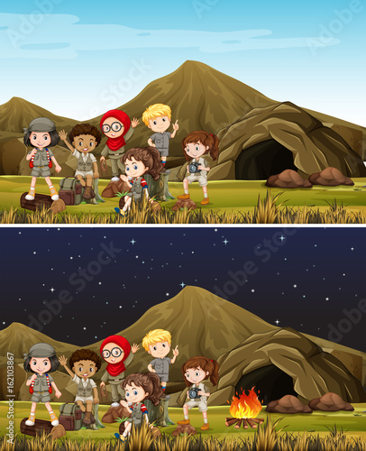 Children camping in mountain day and night